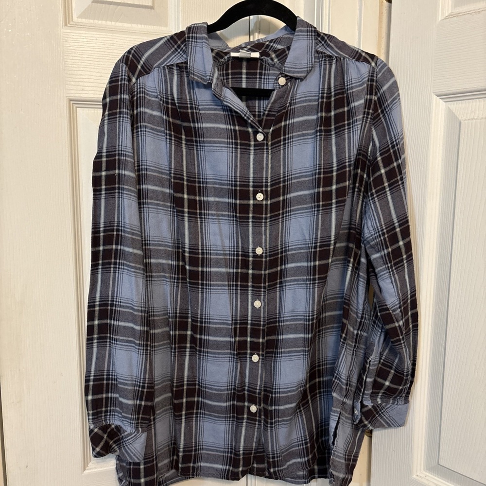 J Jill Womens Plaid Tunic Shirt Blue Brown Flannel Button Up Top WTP254991 M